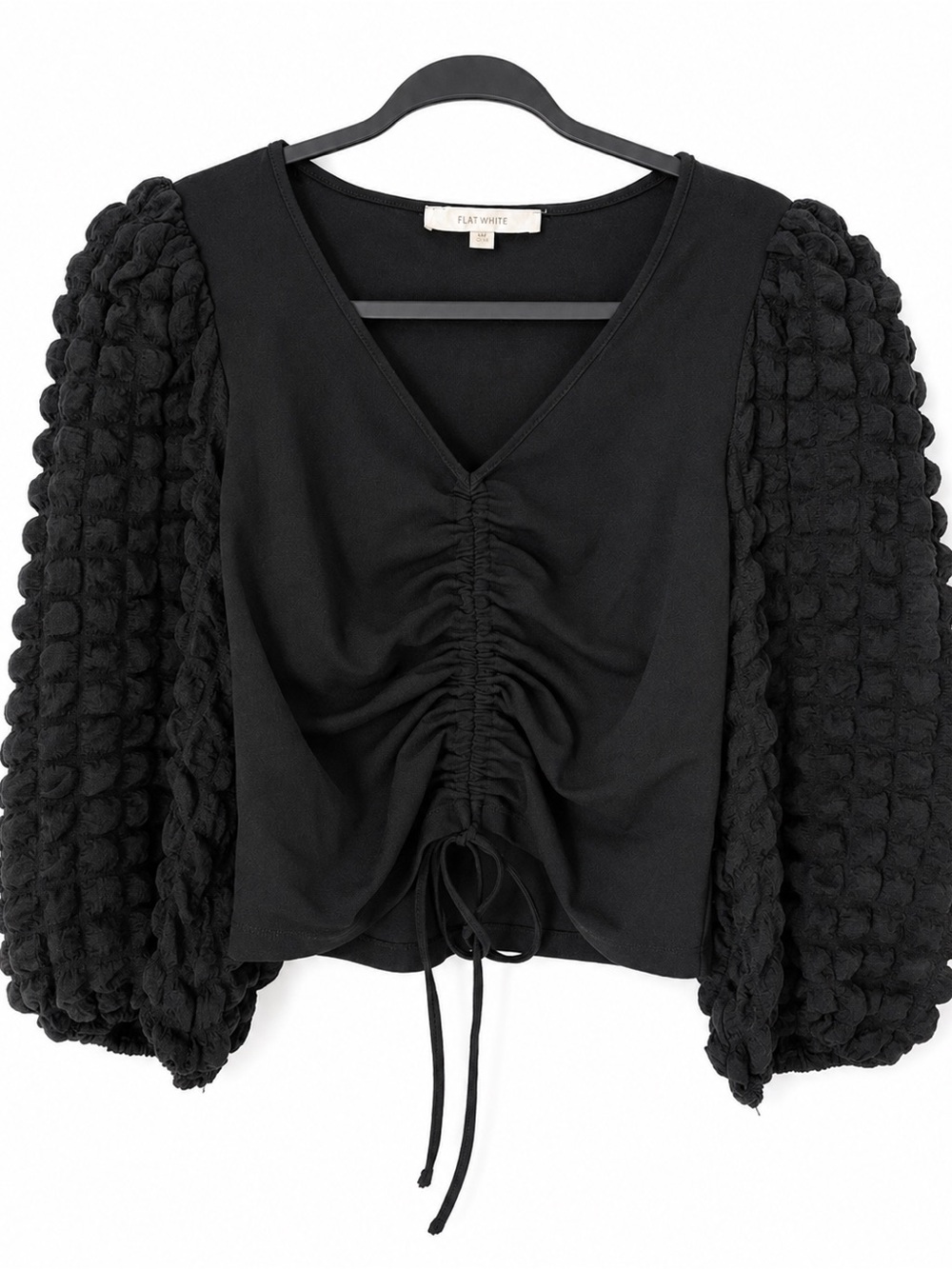 Flat White Black Ruched Cinch Drawstring Bubble Balloon Sleeve Textured Top M